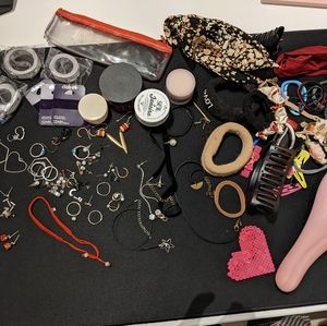 Lot of misc accessories, hair ties, earrings, rings, jewelry containers.etc